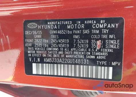 2016 Hyundai Tucson Limited z USA, uszkodzony, nr VIN KM8J33A22GU148131